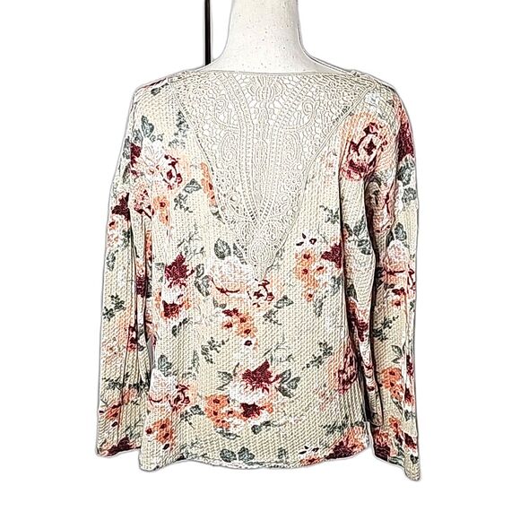 Top Waffle Knit with Lace  Floral Multicolor Button Front Long Sleeve  Sz XL - Picture 2 of 5